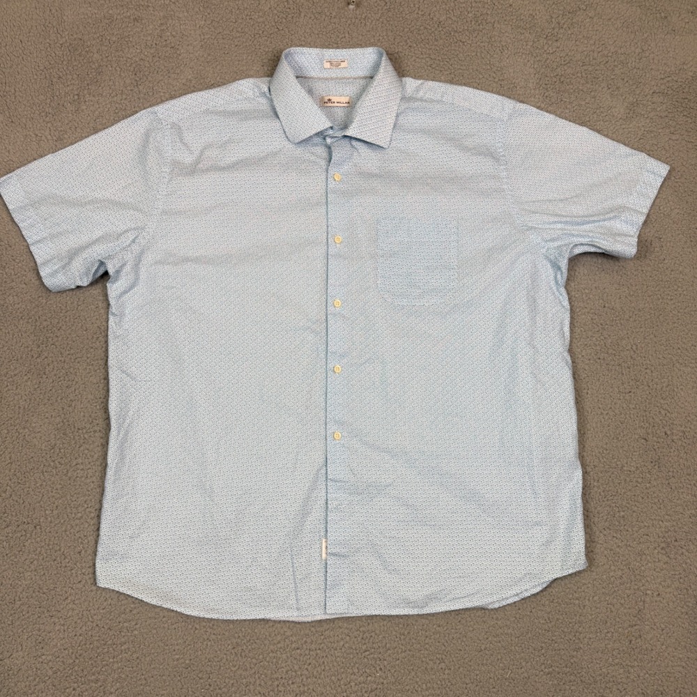 Peter Millar Mens XXL Blue Geometric Micro Print Short Sleeve Cotton Button Down